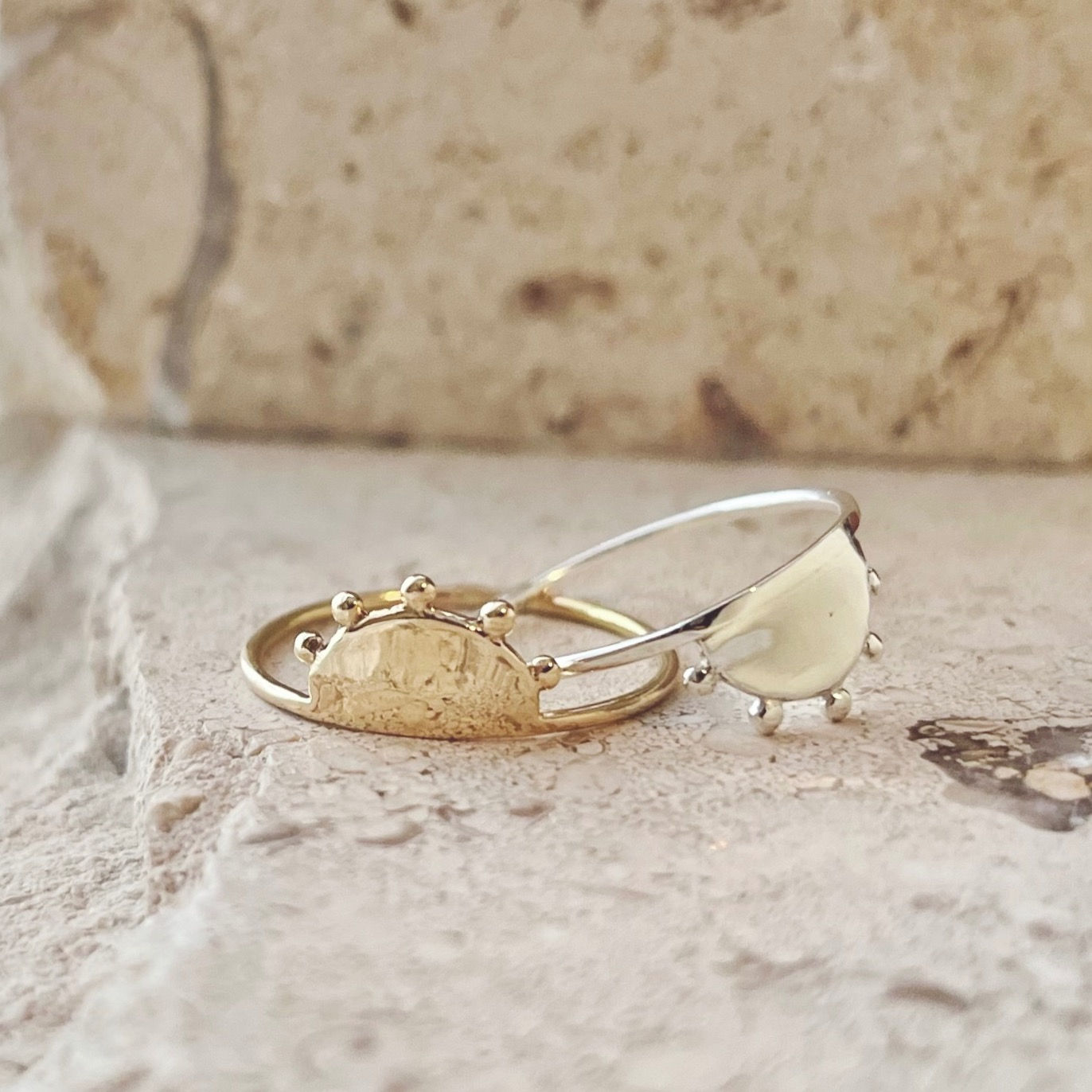 sterling silver and solid 10K gold sol rings group shot