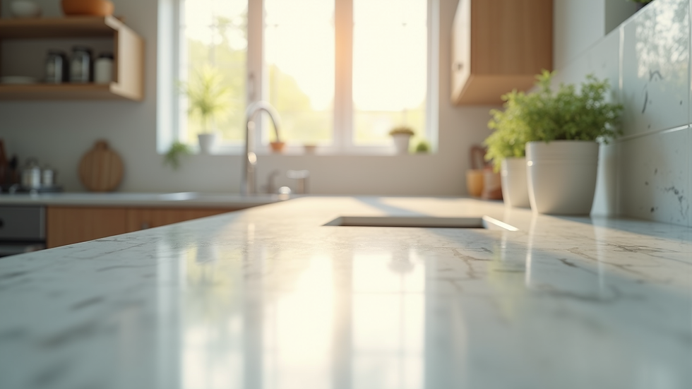 Close-up view of a sparkling clean kitchen countertop with natural light