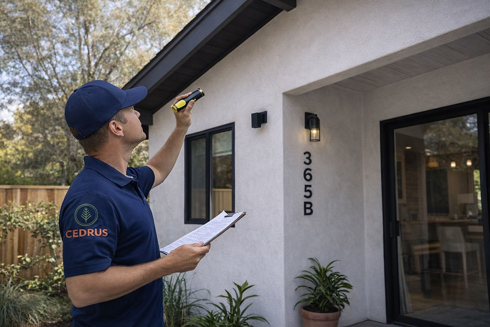 Home inspector examining the exterior of a detached ADU