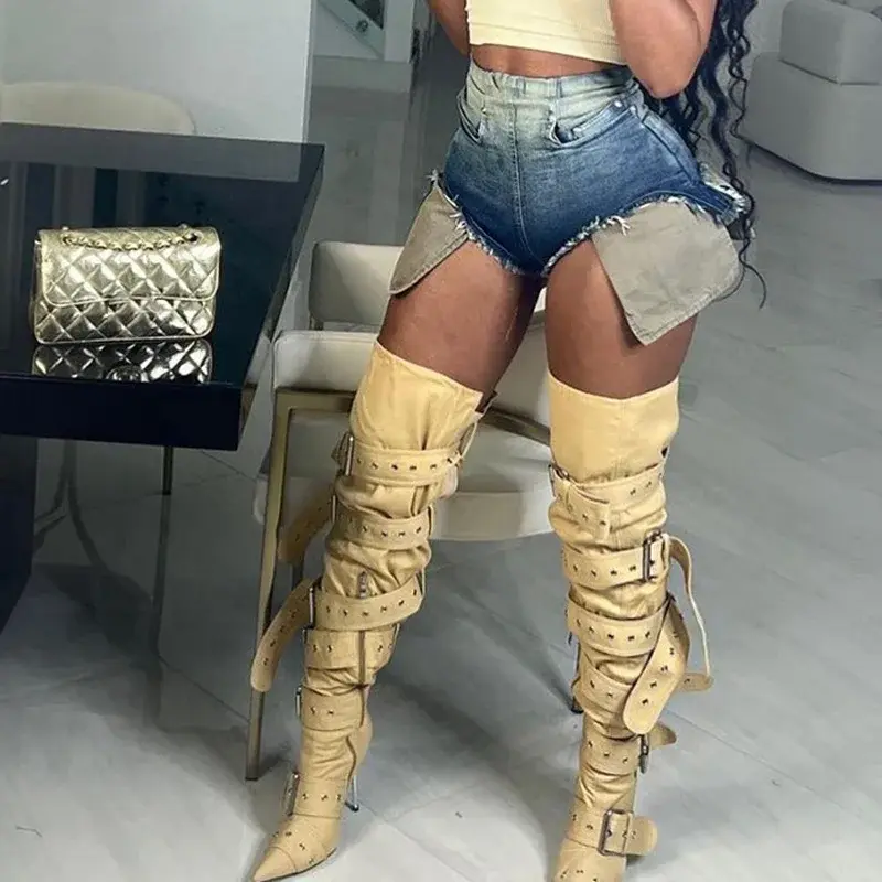 Thumbnail: Silver Belt Buckles Thigh High Boots Metal High Heels Denim Long Booties Sexy