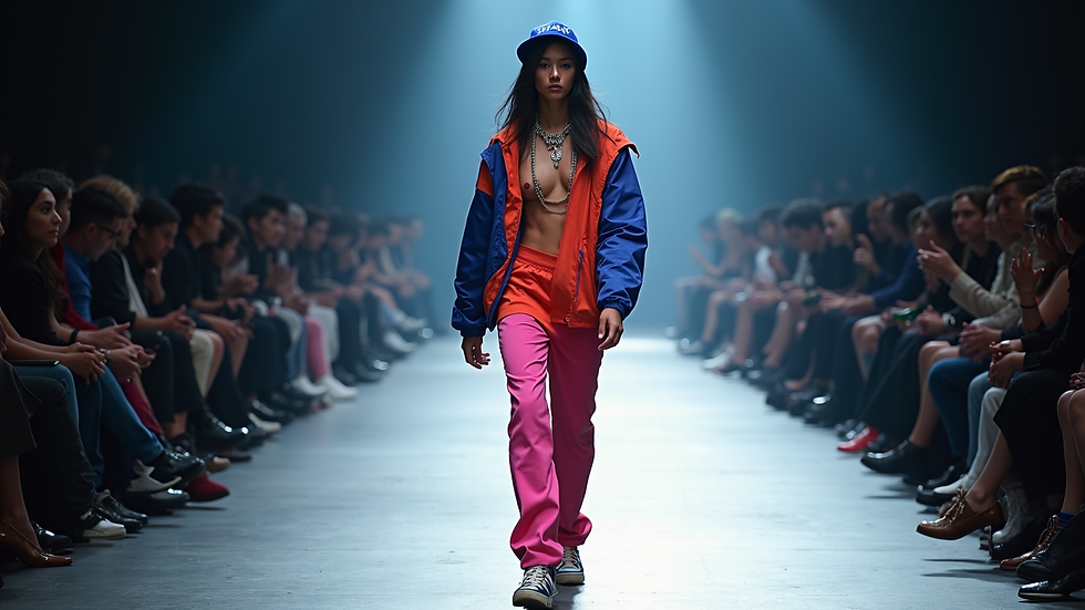 Eye-level view of a model walking on a runway with vibrant streetwear