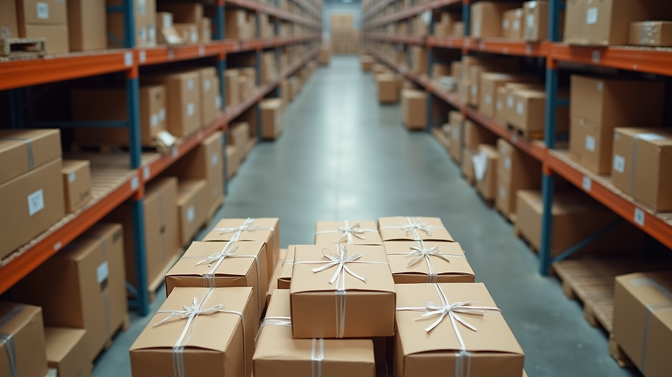 High angle view of warehouse with organized fashion packages ready for shipment