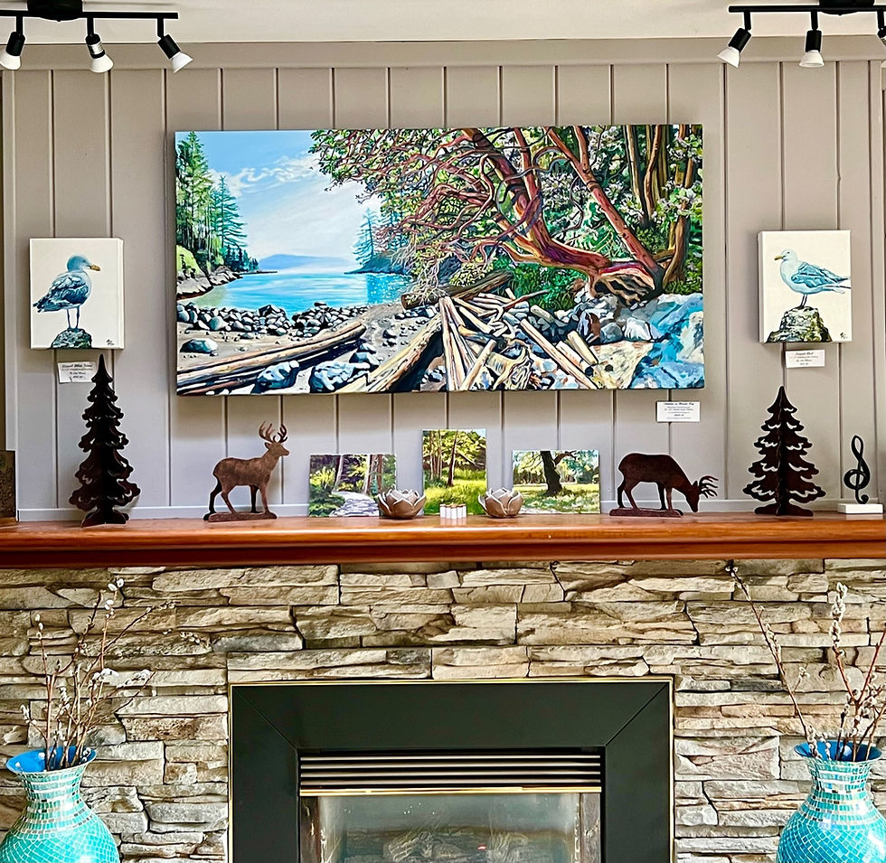 Coastal landscape painting with arbutus tree and rocky shore Francis Peninsula