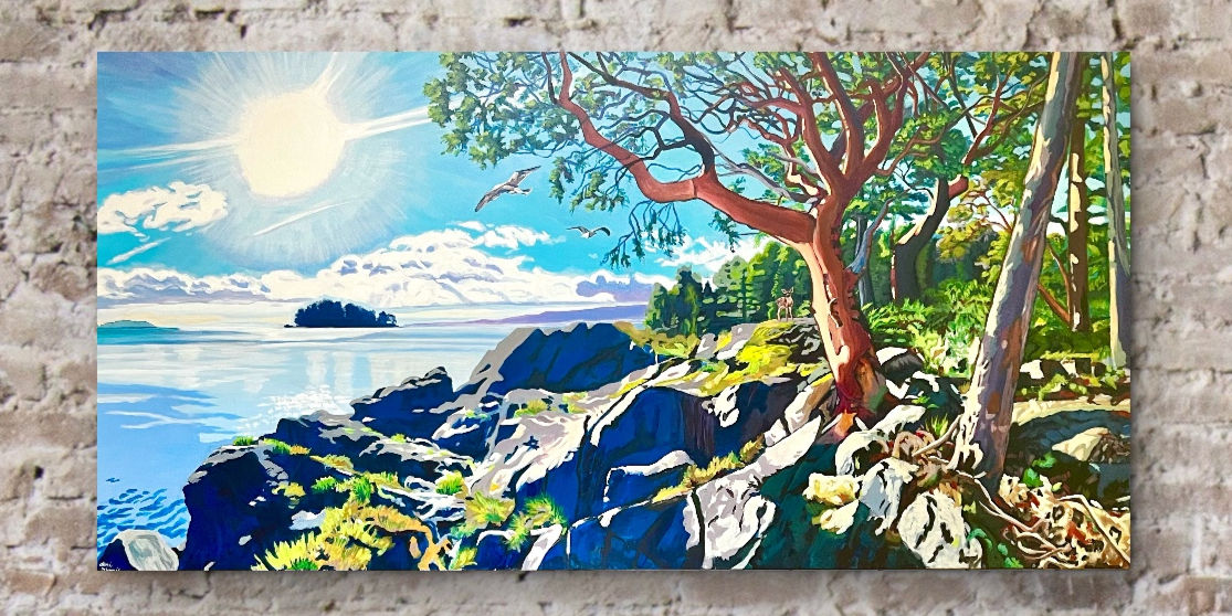 Large arbutus tree painting with sunlit coastal scene Sunshine Coast BC