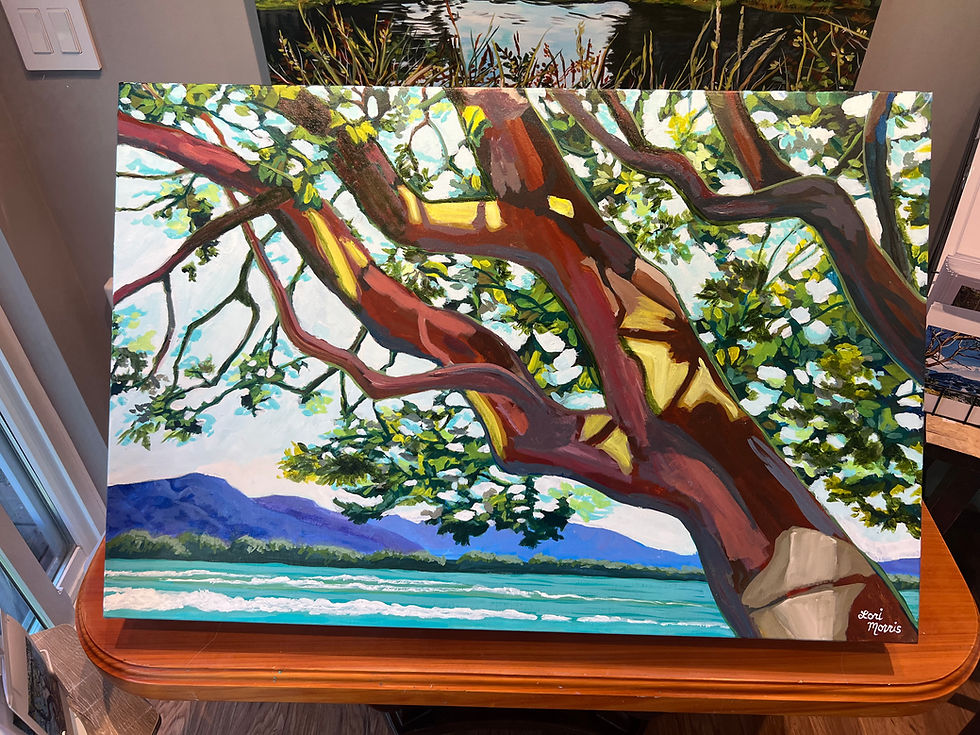 Thumbnail: Coastal landscape painting with arbutus tree and misty mountains