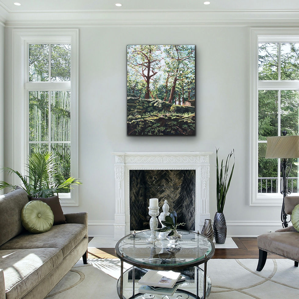 Atmospheric forest painting with light and shadow contrast