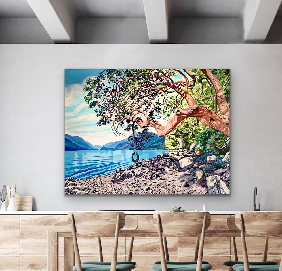 Thumbnail: Hanging Around Sechelt Inlet painting of large arbutus tree with tire swing and rocky shore