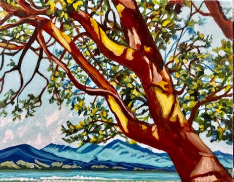 Arbutus tree painting with ocean and mountains beyond