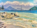 West coast ocean painting with waves breaking on rocky beach