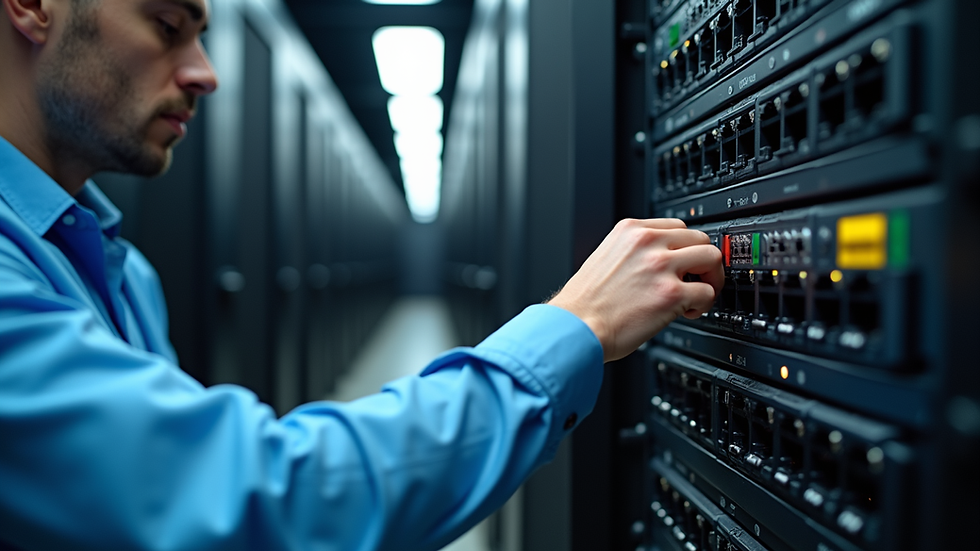 Close-up view of a technician working on a network switch in a data center
