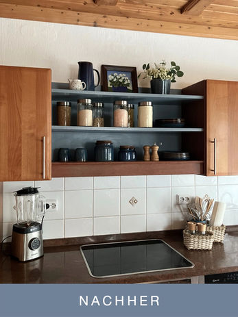 new designed and painted blue storage shelf over a kitchen counter