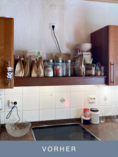 outdated storage shelf over a kithcen counter