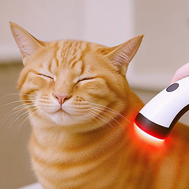 A relaxed ginger cat smiles during a gentle infrared therapy session for pain relief and healing.