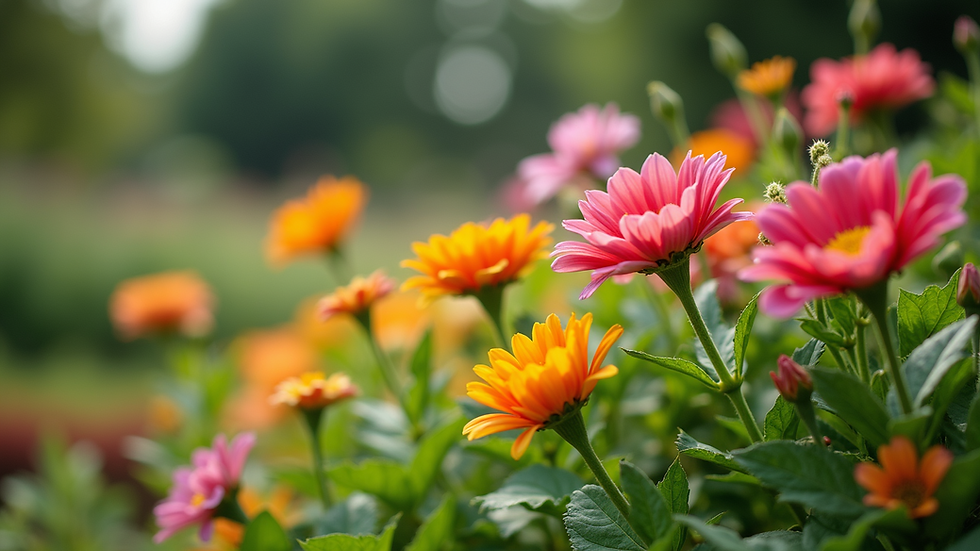 Close-up view of a vibrant garden with colorful flowers and green plants