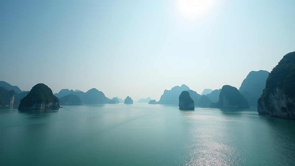 Wide angle view of Ha Long Bay with limestone islands