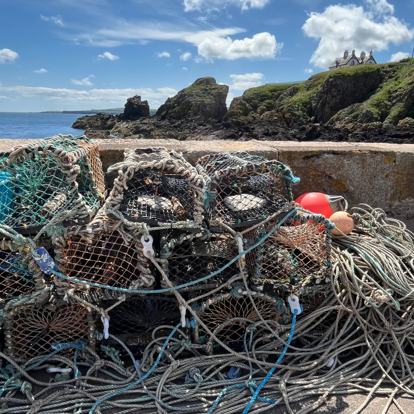 a pile of fishing nets and ropes with a house in the background