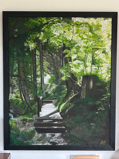 a painting of a wooden bridge in the woods