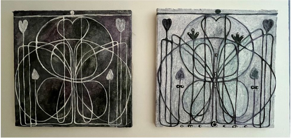 two paintings on a wall one of which has a heart on it