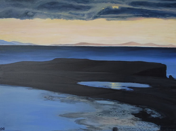 a painting of a body of water with mountains in the background