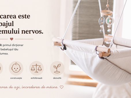 Leagăn BETO pentru bebeluși într-un decor luminos și minimalist, ilustrând importanța mișcării și a legănatului în dezvoltarea sistemului nervos, echilibrului și confortului emoțional al bebelușului.