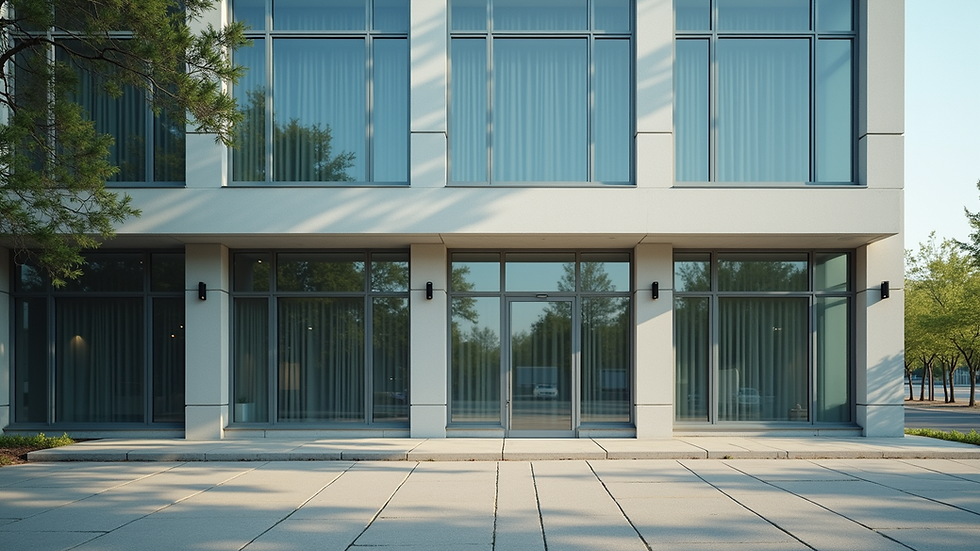 Eye-level view of a commercial building with large clean windows