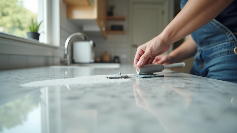 Eye-level view of a person applying sealant to a marble countertop