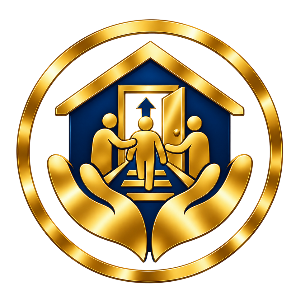 Gold logo showing hands cupping a house for noble safe haven