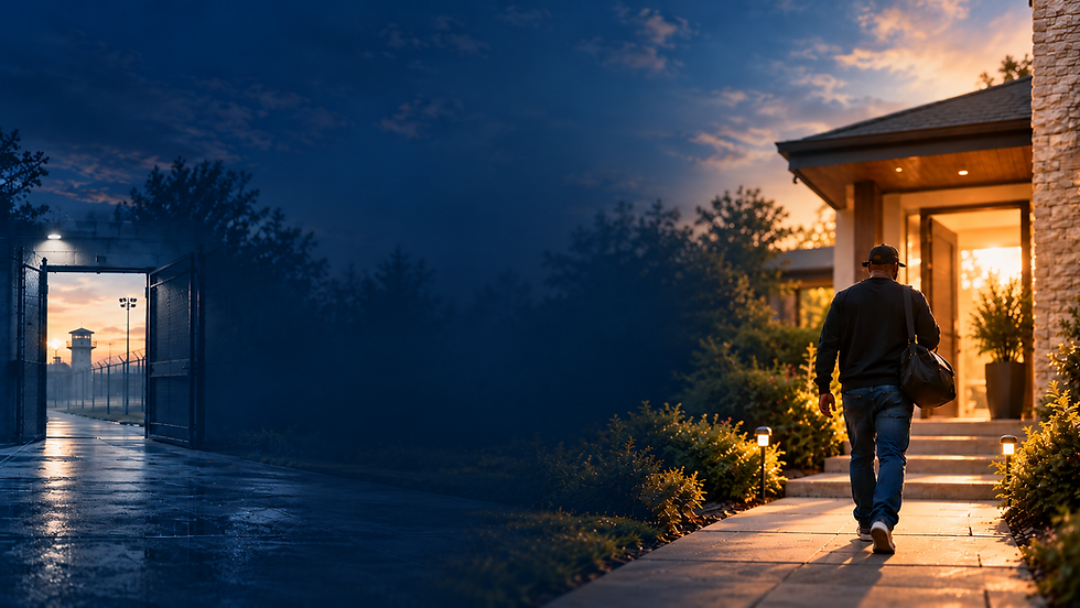 Man entering a noble safe haven at sunset.