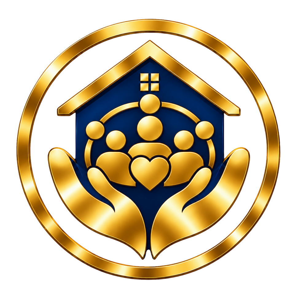 Noble safe haven logo featuring hands cradling a home and family