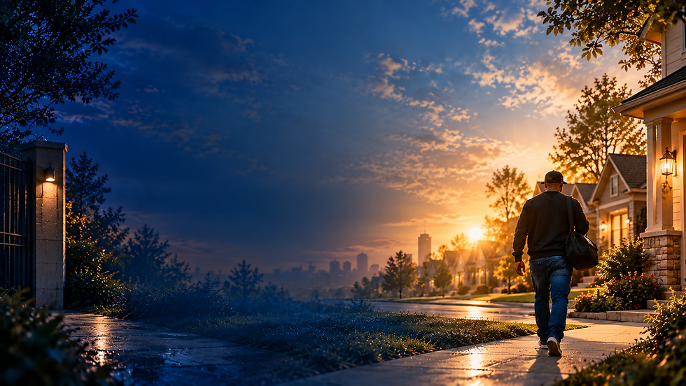 Man walking toward a noble safe haven home at sunset.
