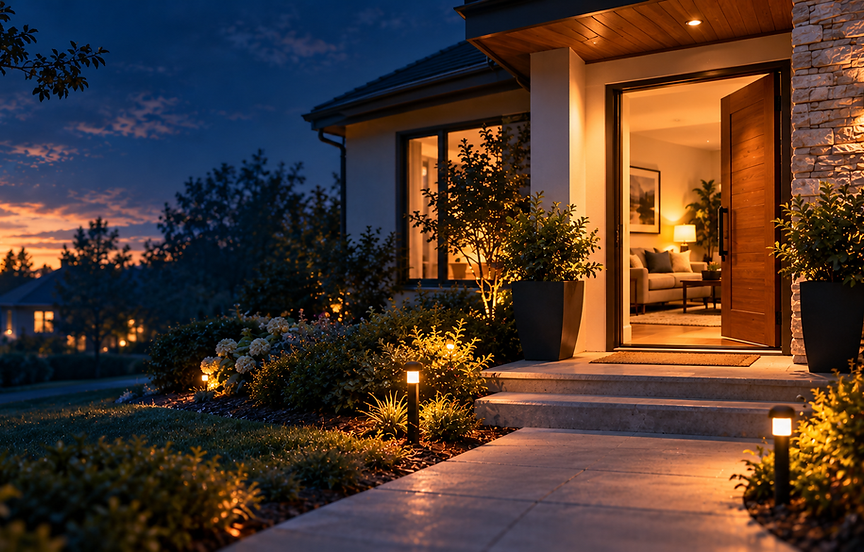 Illuminated entrance of a noble safe haven at dusk.