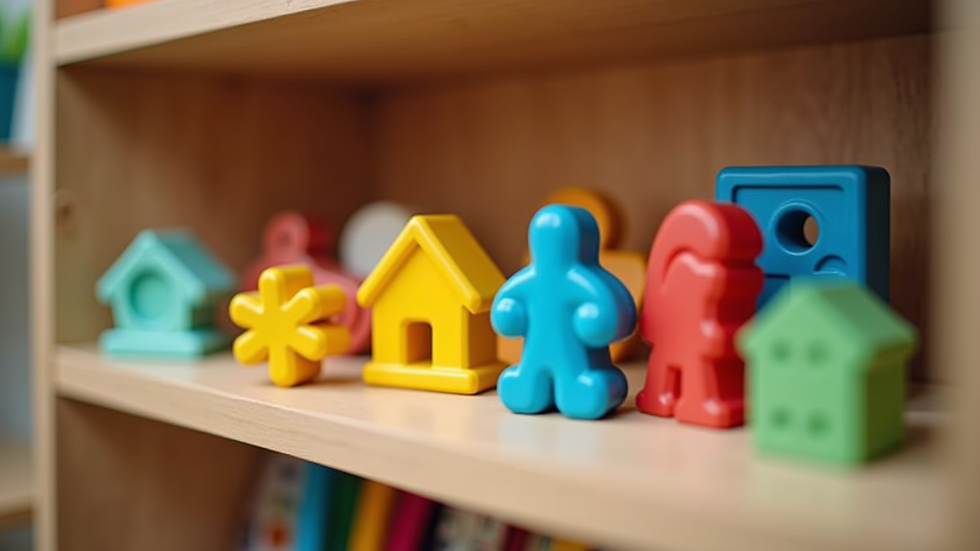 Eye-level view of colorful educational toys arranged on a wooden shelf