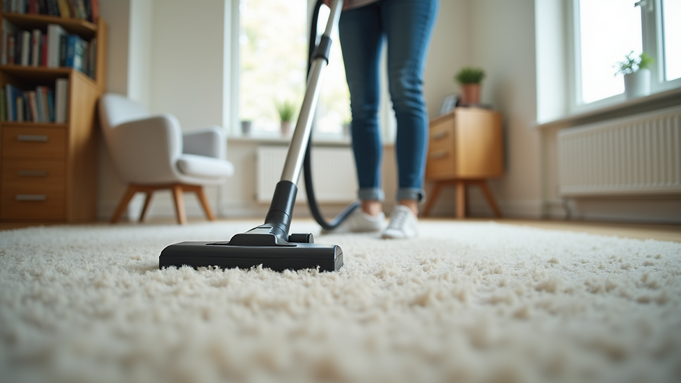 Eye-level view of a person vacuuming a carpet in a bright room
