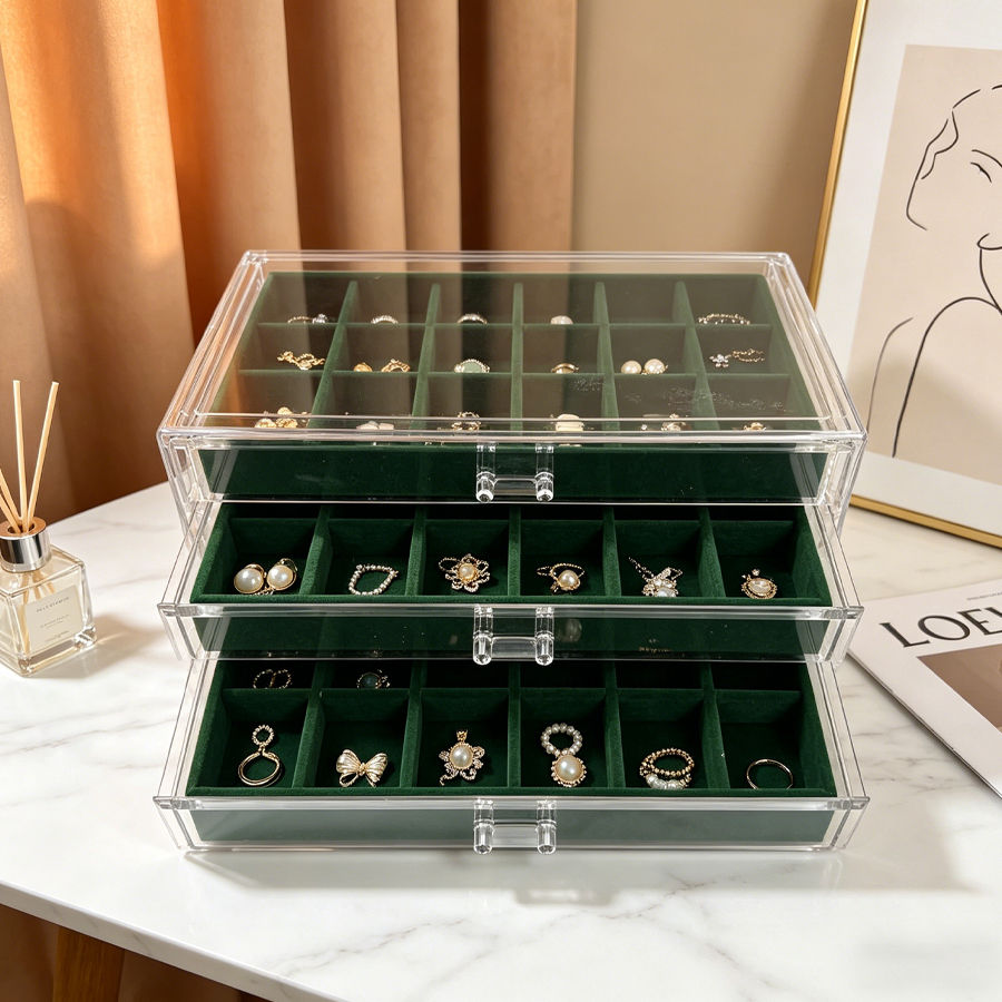Green Three-Compartment Acrylic Jewelry Storage Box for Organizing Necklaces, Ea