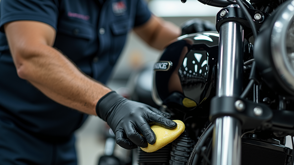 Eye-level view of a professional motorcycle detailer applying wax to a bike