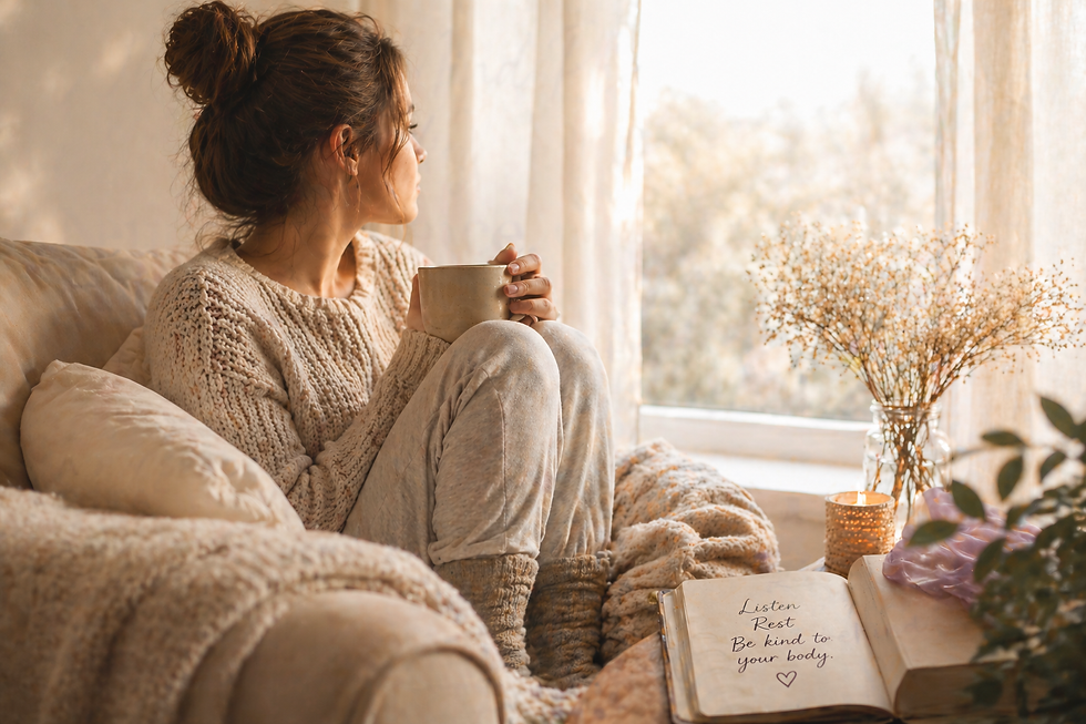 Image shows a woman sitting on a couch, legs pulled up to her chest, holding a cup of coffee, looking out a window