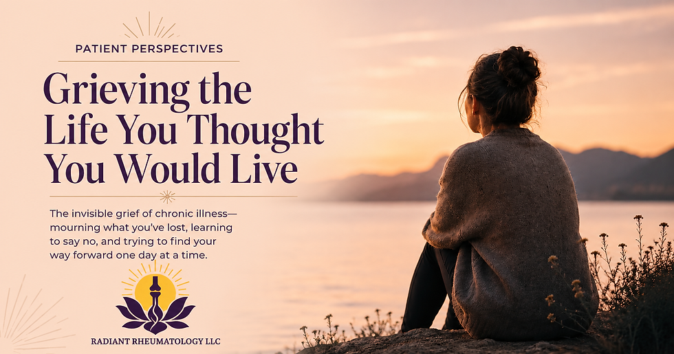 Image shows a woman sitting a the edge of a lake looking off thoughtfully. The title of the article reads Grieving the Life You Thought You Would Live.