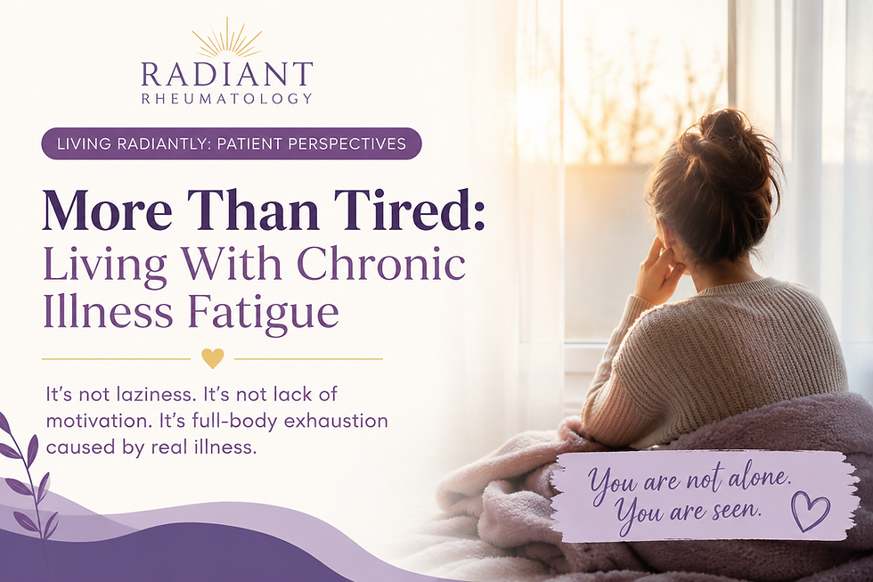 Image shows a woman looking our a window. More Than Tired: Living With Chronic Illness Fatigue is written beneath the logo.