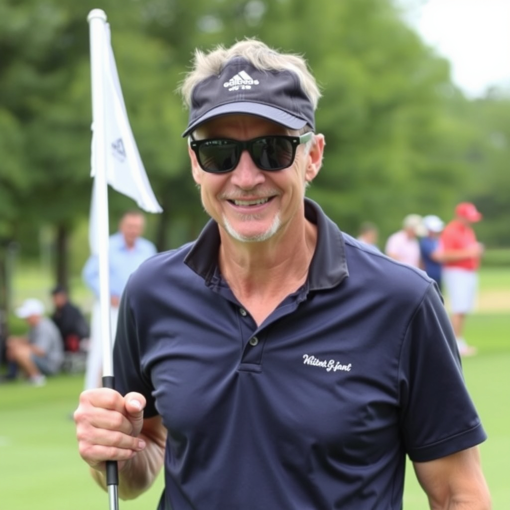 männlich attraktiv, ca 70 Jahre, am Golfplatz, lächelt, sieht professionell aus, hat aber 