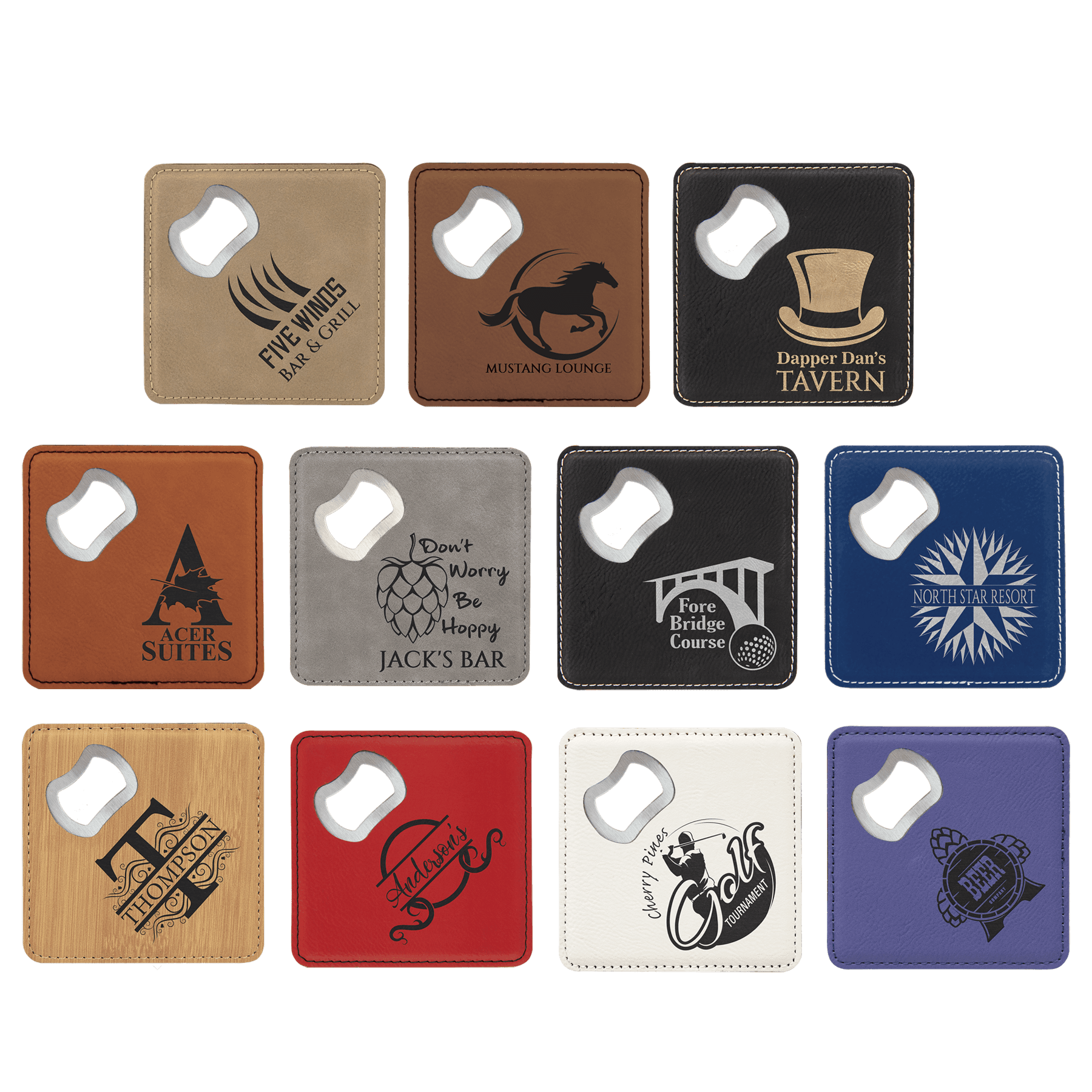 laser engraved leatherette square coaster bottle opener