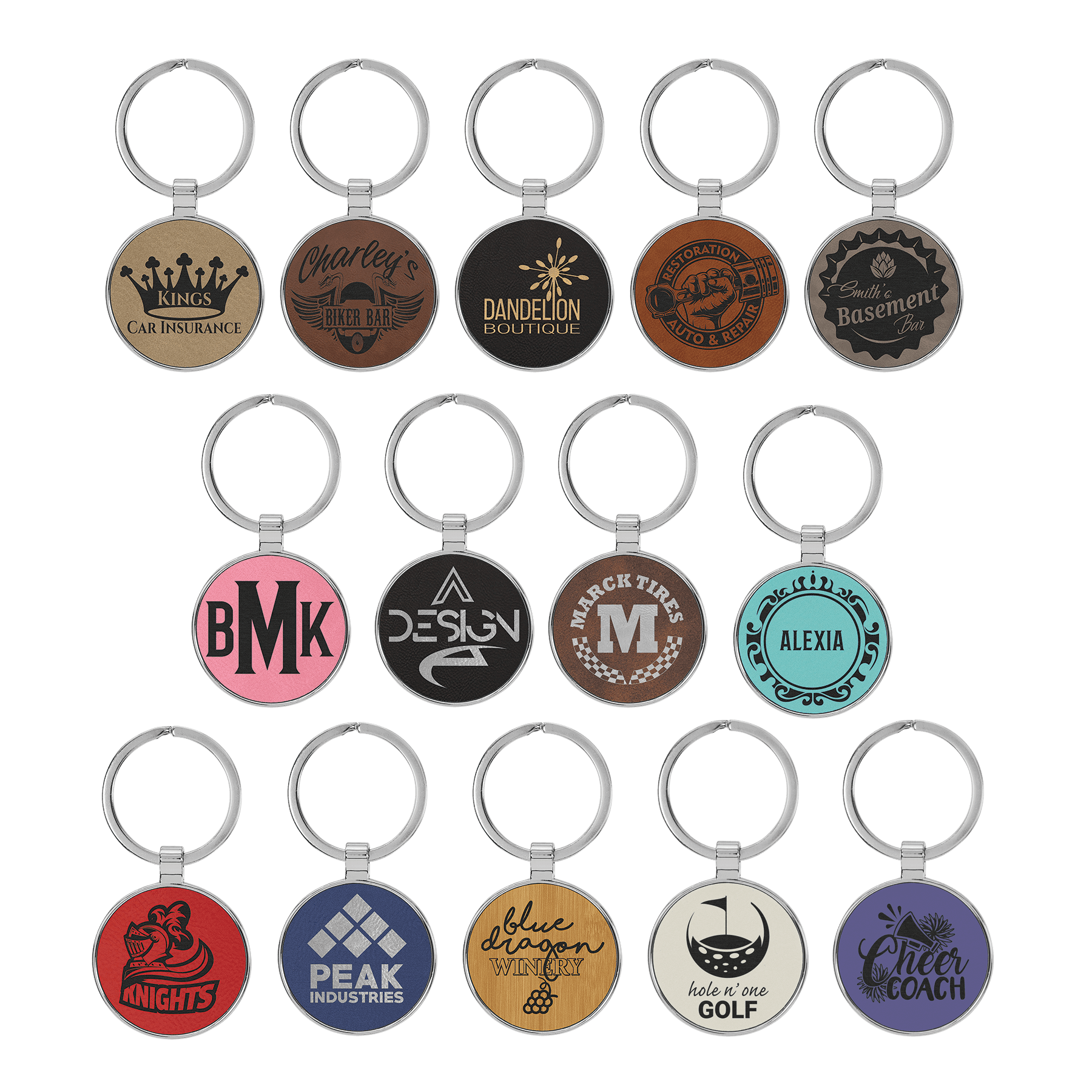 laserable leatherette laser engraved round metal framed keychains