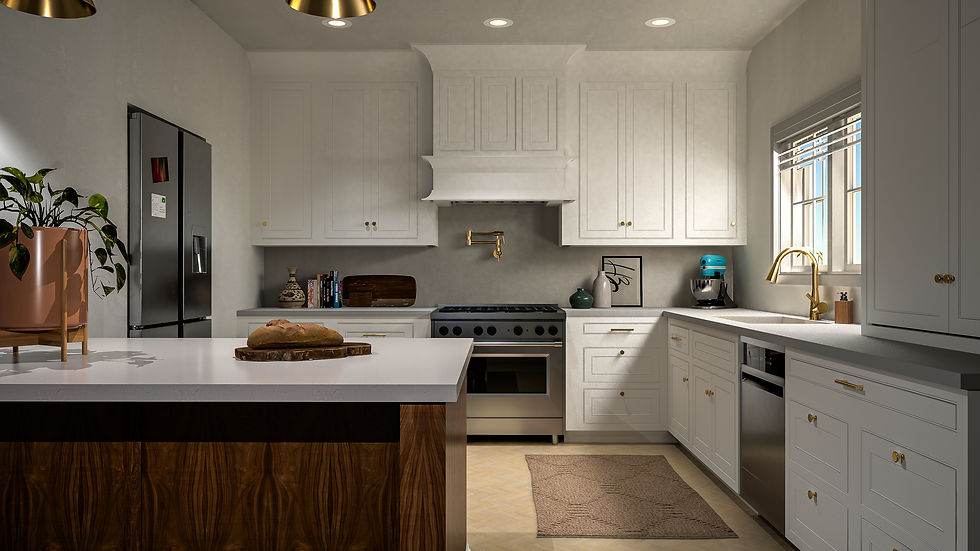 Photorealistic 3D rendering of a luxury kitchen with white cabinetry, gold fixtures, and a walnut island.