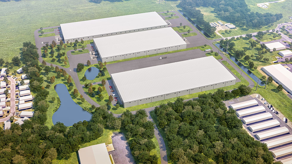 Aerial rendering of industrial warehouse park with truck access, ponds, and surrounding trees and residential areas.