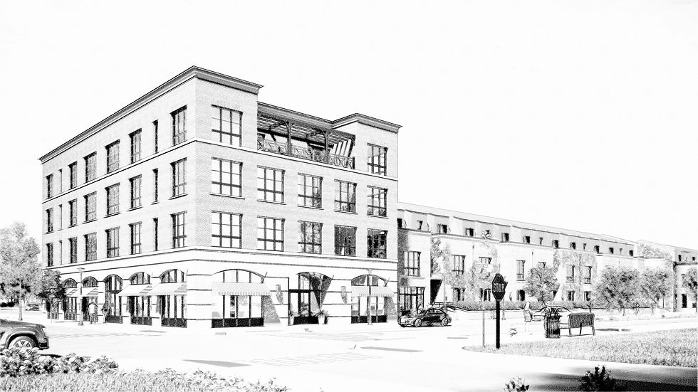 3D rendering of upscale brick mixed-use building with luxury apartments and retail storefronts on a tree-lined street.