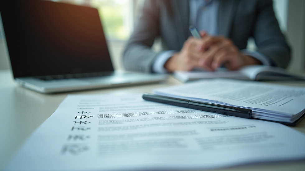Eye-level view of office desk with HR documents and laptop
