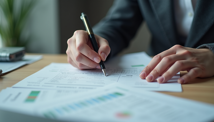 Close-up view of a bank officer reviewing corporate account application forms