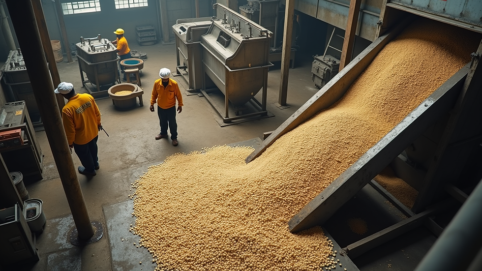 High angle view of cashew processing plant with machinery and workers