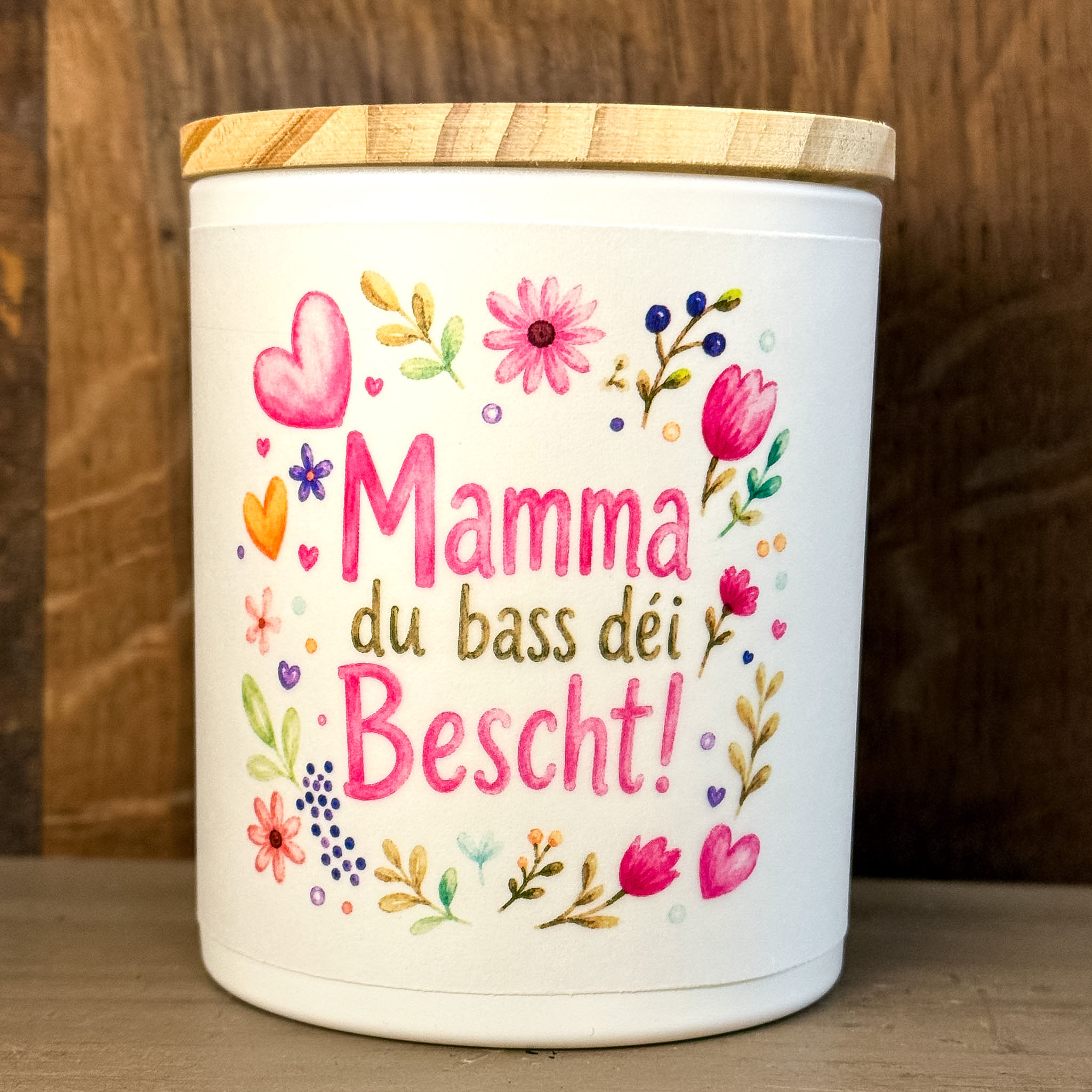 Windlicht / Duftkerze "Mamma du bass déi Bescht" (rosa)