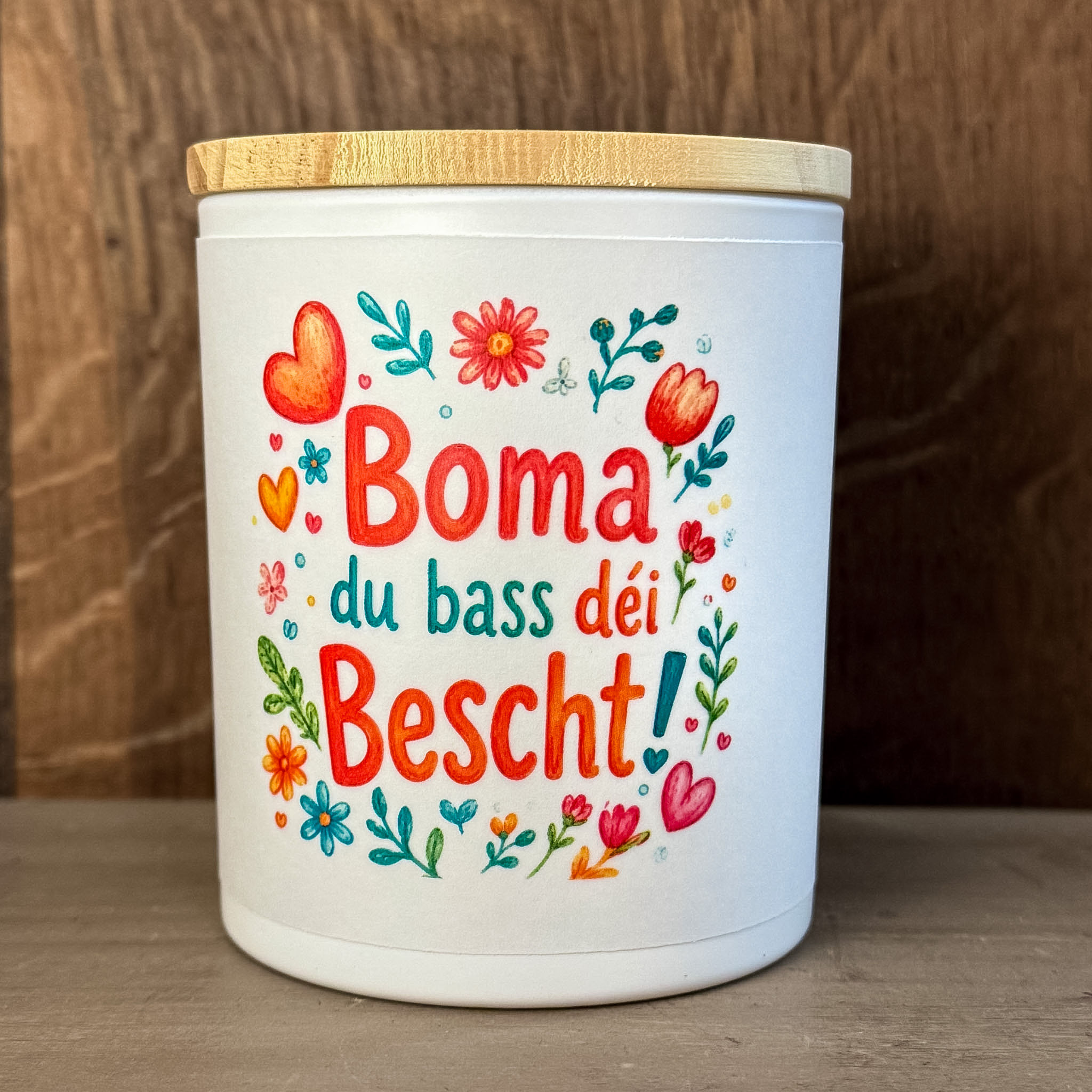 Windlicht / Duftkerze "Boma du bass déi Bescht" (orange)