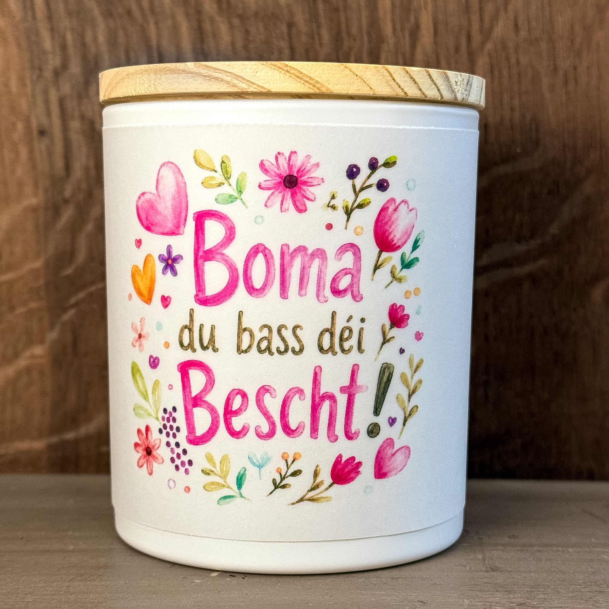 Windlicht / Duftkerze "Boma du bass déi Bescht" (rosa)